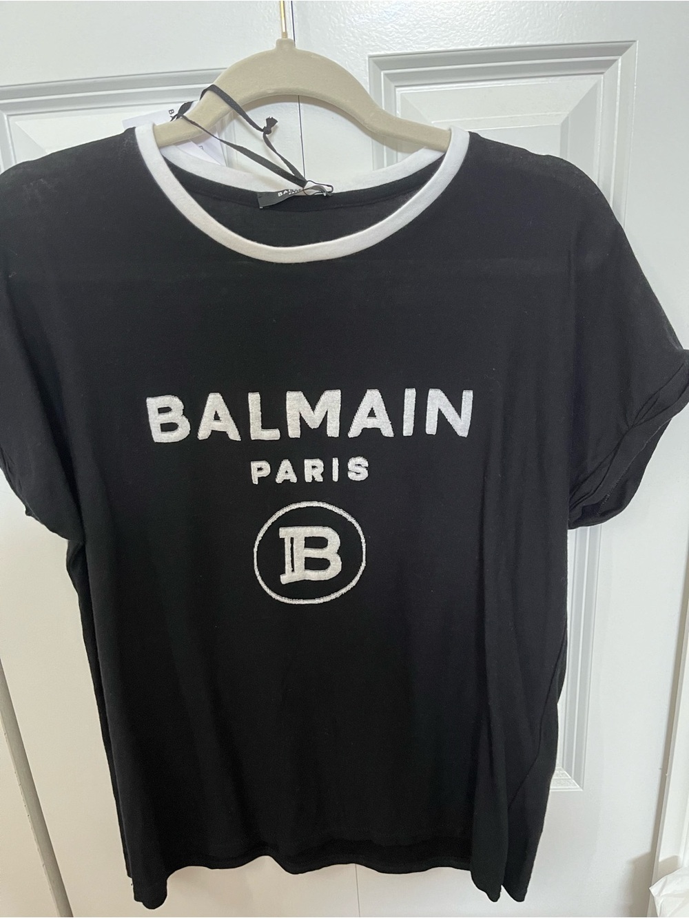 NWT Authentic Balmain Black T-Shirt with White Logo Trim